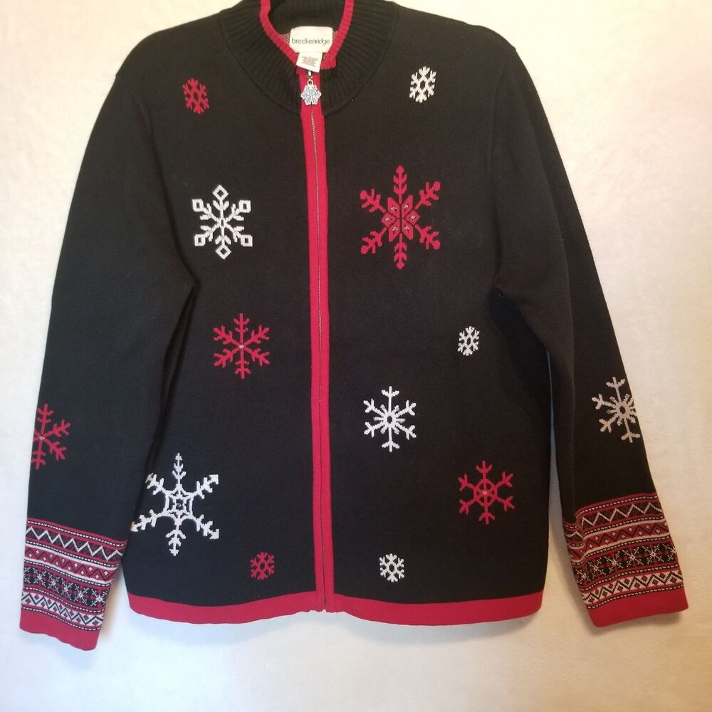 Breckenridge L Cardigan Holiday Sweater Black Red Winter Christmas  Snowflake